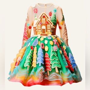 Artistic Novelty Print Scandi-Style Twirl Dress Gingerbread Candycore, Size 6-8